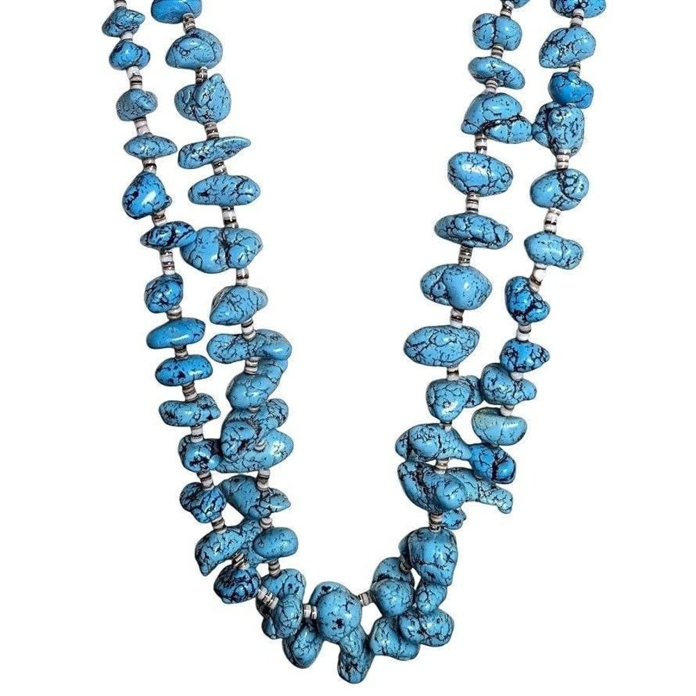 Authentic Vintage Navajo Blue Turquoise Nugget Heishi Necklace Old Double Strand